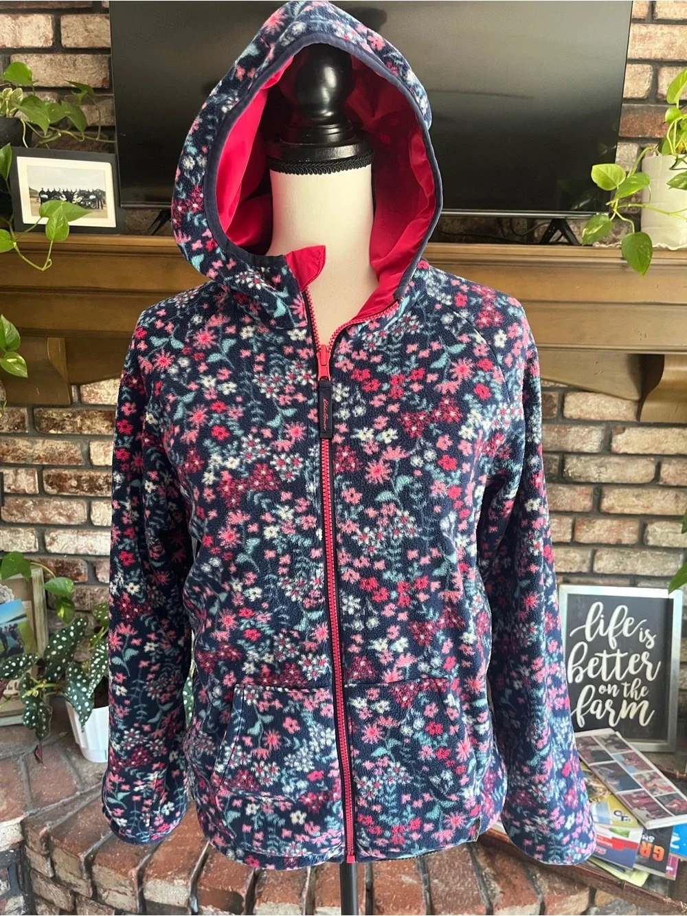 Eddie Bauer Girls' Hot Pink Hooded Jacket with Navy Panels